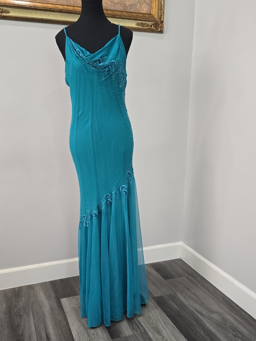 Xscape Teal Beaded Spaghetti-Strap Maxi Gown